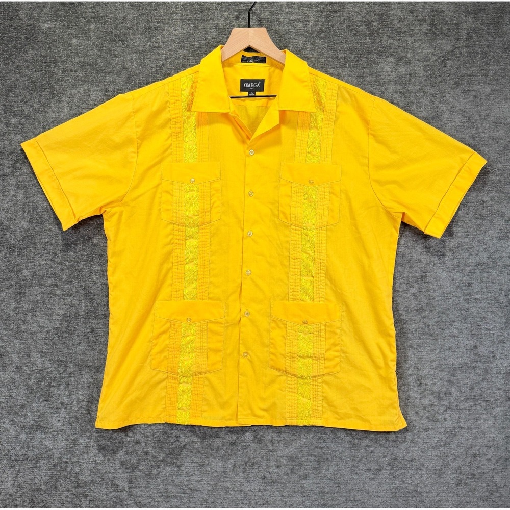 Omega‎ Italy Guayabera Cabana Shirt Yellow Embroidered Four Pocket XL